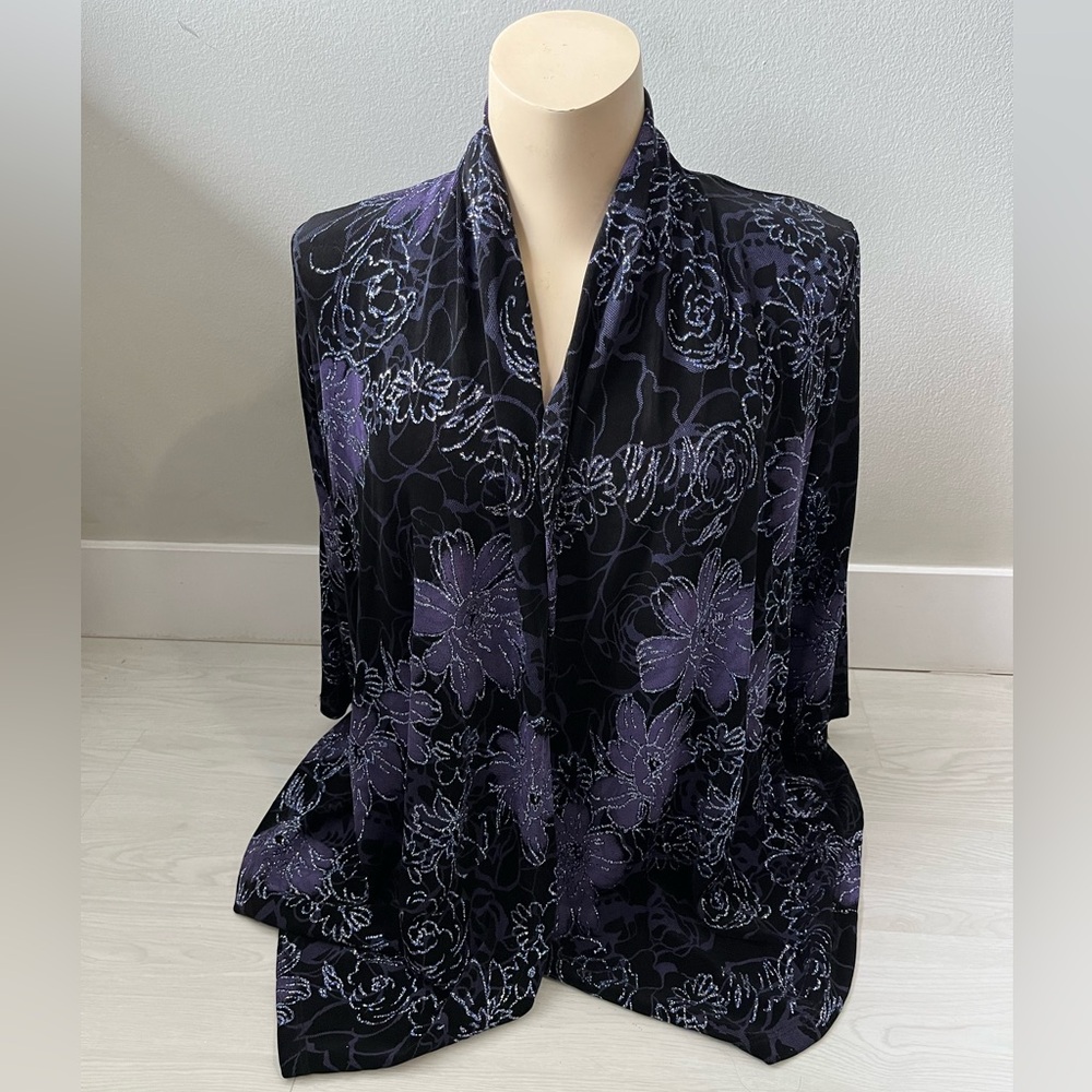 Black with purple floral pattern shimmering open front cardigan branded Emotions